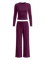 Details of the purple long sleeve loungewear set featuring soft fabric and comfortable fit. - XS / Top And Bottom / Rose Purple
