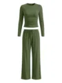 Solid color casual long sleeve top and wide leg pants lounge set for women autumn new - XS / Top And Bottom / Matcha Green