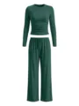 Dark green long sleeve loungewear set with ruched top and wide leg pants for women. - XS / Top And Bottom / Dark Green