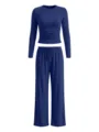 Solid color casual long-sleeve top and wide-leg pants set detail view, comfortable lounge wear. - XS / Top And Bottom / Ink Blue