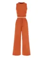Detalle de parte superior acanalada y pantalón ancho, tela texturizada, sin mangas, casual. - M / Top y Pantalones / Naranja