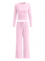 Pink long sleeve top and wide-legs pants lounge set detail showcasing soft fabric and drawstring. - XS / Top And Bottom / Light Pink