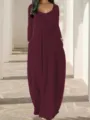Robe longue unie à manches longues pour femmes, robe décontractée col rond avec poches pratiques. - M / Robes / Bordeaux