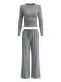 Gray long sleeve crop top and wide leg pants set detail view, comfortable lounge wear. - XS / Top And Bottom / Light Heather Grey