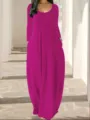 Robe longue unie à manches longues avec poches, élégant col rond bas pour les femmes. - S / Robes / Rose rosé
