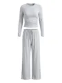 Close-up view of the grey long-sleeve ruched crop top and wide-leg lounge pants set. - XS / Top And Bottom / Light Gray