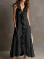 Black sleeveless V-neck cotton linen maxi dress with front ruffles and handy pockets. - S / Dresses / Black
