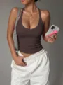 Geripptes Neckholder Top für Damen, sexy Y2K figurbetontes ärmelloses Sommer Crop Top. - Dunkelbraun