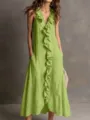 Elegant summer sleeveless V-neck ruffle maxi linen dress with pockets for women casual wear. - S / Dresses / Army Green