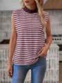 Detailed view of women casual striped sleeveless mock neck top paired with slim fit blue jeans. - S / Tops / Pink Striped