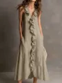 Sleeveless linen V-neck dress detail showcasing stylish front ruffle and functional pockets. - Khaki