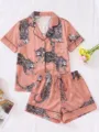 Women Pink Leopard Print Short Sleeve Pajama Set Casual Sleepwear Two Piece Home Wear - S / Top And Bottom / Pink