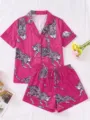 Hot pink satin pajama set for women, stylish short sleeve top and shorts with chic leopard print. - S / Top And Bottom / Rose Red