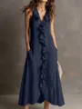 Close-up detail of solid color sleeveless V-neck ruffle maxi dress with handy pockets. - Dark Blue