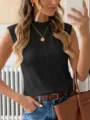 Summer casual solid black sleeveless mock neck slim fit vest top for women detailed view - S / Tops / Black