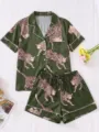Elegant green leopard print short sleeve pajama set for women stylish sleepwear two piece - S / Top And Bottom / Dark Green