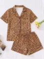 Stylish women leopard print short sleeve pajama set casual two piece loungewear sleepwear top shorts - Leopard Print