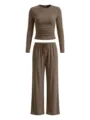 Detailed view of the casual solid long sleeve crop top and wide leg pants loungewear set. - S / Top And Bottom / Light Coffee