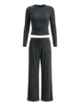Dark grey casual long sleeve crop top and matching wide leg pants lounge set for women. - XS / Top And Bottom / Dark Heather Gray