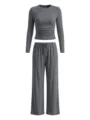 Solid color long sleeve crop top and wide leg lounge pants set in dark grey, casual detail. - XS / Top And Bottom / Dark Gray