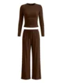 Brown long sleeve crop top and wide leg pants loungewear set for women casual wear. - XS / Top And Bottom / Dark Coffee
