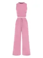 Conjunto de canalé rosa con top corto ajustado y pantalones anchos de talle alto detalle. - S / Top y Pantalones / Rosa