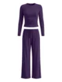 Purple long sleeve top and wide leg pants set, detailed view of casual pleated crop lounge set. - XS / Top And Bottom / Deep purple