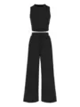 Conjunto de punto acanalado liso, top corto ajustado y pantalón ancho de tiro alto detalle. - S / Top y Pantalones / Negro