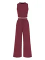 Conjunto de punto acanalado de dos piezas con top corto ajustado y pantalón ancho alto. - S / Top y Pantalones / Burdeos
