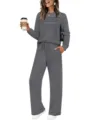 Casual long sleeve top and wide leg pants lounge set for women, comfortable two piece outfit. - Dark Gray
