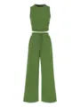 Green ribbed two-piece set featuring a slim crop tank top and high-waist wide-leg pants. - Army Green