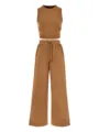 Brown ribbed crop tank top and high waist wide leg pants detail view, casual two piece set. - Coffee