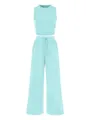 Light blue ribbed two-piece set detail, featuring a cropped tank top and wide-leg pants. - Macaron Green
