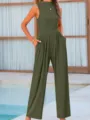 Detailed view of the sleeveless wide-leg jumpsuit, highlighting the relaxed fit and pockets. - XS / Jumpsuits / Army Green