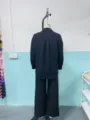 Damen lässig langarm knopfhemd und weite beine hose zweiteiler set schwarz herbst. - Rückansicht