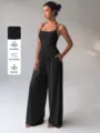 Women black halter wide leg jumpsuit summer casual sleeveless long pants chic outfit - XS / Set (TJ696) / Black