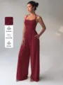 Women Solid Color Cami Halter Jumpsuit Casual Loose Wide Leg Summer Romper Outfit - XS / Set (TJ696) / Burgundy