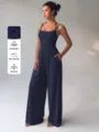 Women Summer Casual Halter Jumpsuit Loose Wide Leg Strappy Sleeveless Romper - XS / Set (TJ696) / Dark Blue