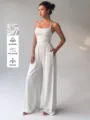 Women summer casual spaghetti strap halter wide leg jumpsuit with breathable fabric. - XS / Set (TJ696) / Heather Grey