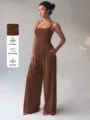 Women Summer Halter Neck Sleeveless Casual Wide Leg Jumpsuit Solid Brown Romper - XS / Set (TJ696) / Dark Coffee
