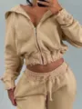 Casual cropped zip-up hoodie and matching sweatpants set, raw edge design for women. - Khaki