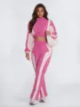 Amerikanisches Retro Sport Zweiteiler Set mit Crop Jacke und weitem Beindetail Mode. - S / Oberteil Und Unterteil / Rosarot Und Hellrosa