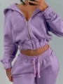Lila kurzes Kapuzensweatshirt mit Reißverschluss und Jogginghose im zweiteiligen Set. - S / Oberteil Und Unterteil / Lila