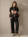 Vintage farbblockierte eingefasste Pferd Druck Reißverschluss Jacke und Hosen Set - S / Oberteil Und Unterteil / Schwarz