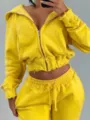 Yellow cropped zip hoodie and sweatpants set raw hem casual sporty two-piece outfit - Yellow
