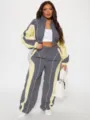 Damen Farbblock Reißverschluss Crop Jacke und weite Hose Trainingsanzug Set Streetwear. - S / Oberteil Und Unterteil / Grau Und Hellgelb
