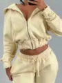 Women Hooded Zip Crop Hoodie and Sweatpants Set Casual Raw Edge Two-Piece Tracksuit - Milk Yellow