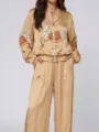 Vintage silk-like two piece set featuring elegant horse embroidery, zip jacket and wide pants. - Khaki
