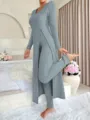 Ensemble loungewear côtelé à manches longues fendues et pantalon, tenue décontractée confortable. - L / Haut Et Bas / Bleu gris