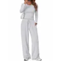 Casual long sleeve top and wide leg pants two piece lounge set for women daily wear. - S / Top And Bottom / Light Gray